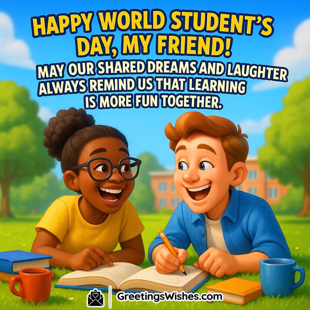 Happy World Student’s Day image featuring two friends laughing and studying together on a campus lawn under bright sunlight, symbolizing friendship, teamwork, and joyful learning.