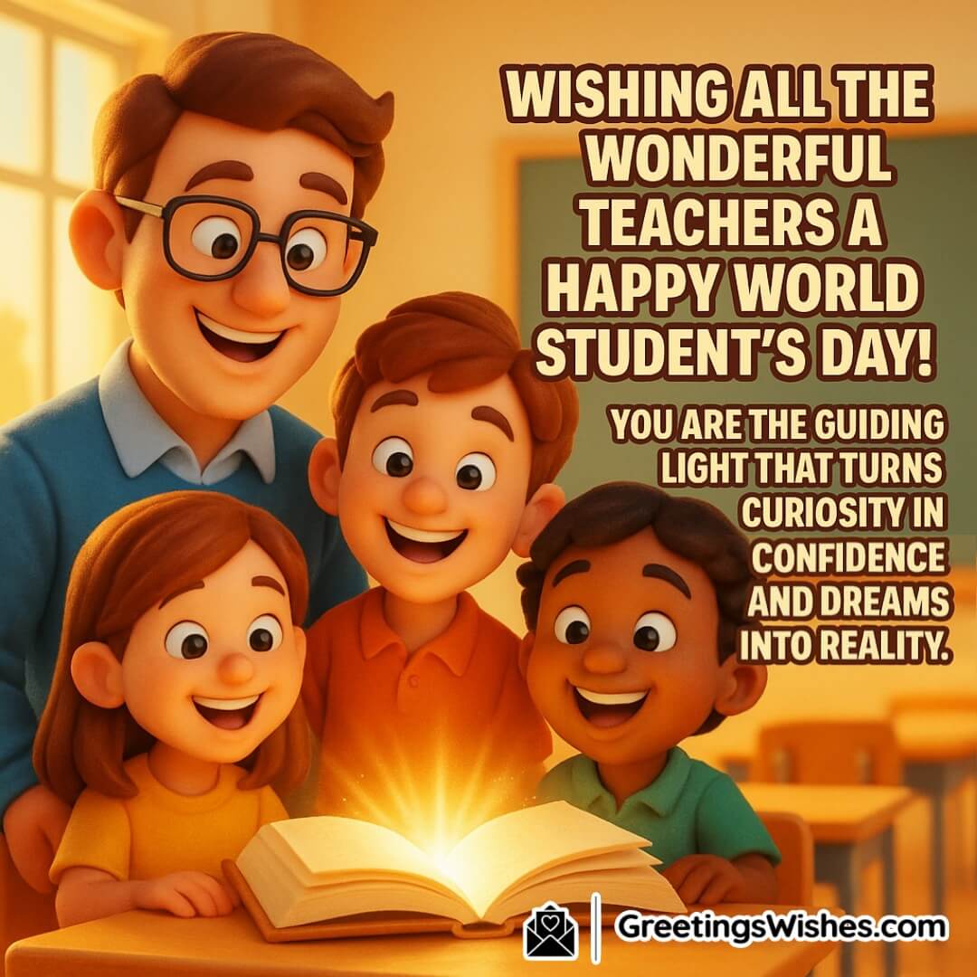 Happy World Student’s Day image featuring a smiling teacher surrounded by joyful students in a bright classroom with a glowing open book, symbolizing guidance and inspiration.