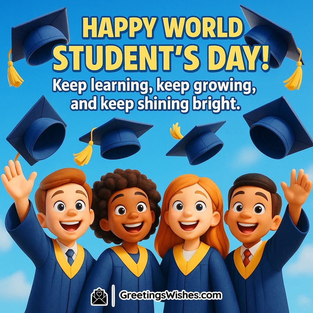 Happy World Student’s Day image featuring a joyful group of students tossing graduation caps into the bright sky, symbolizing learning, growth, and success.
