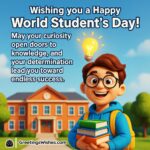 Happy World Student’s Day image featuring a cheerful student holding books under a glowing light bulb in front of a school, symbolizing curiosity, knowledge, and success.