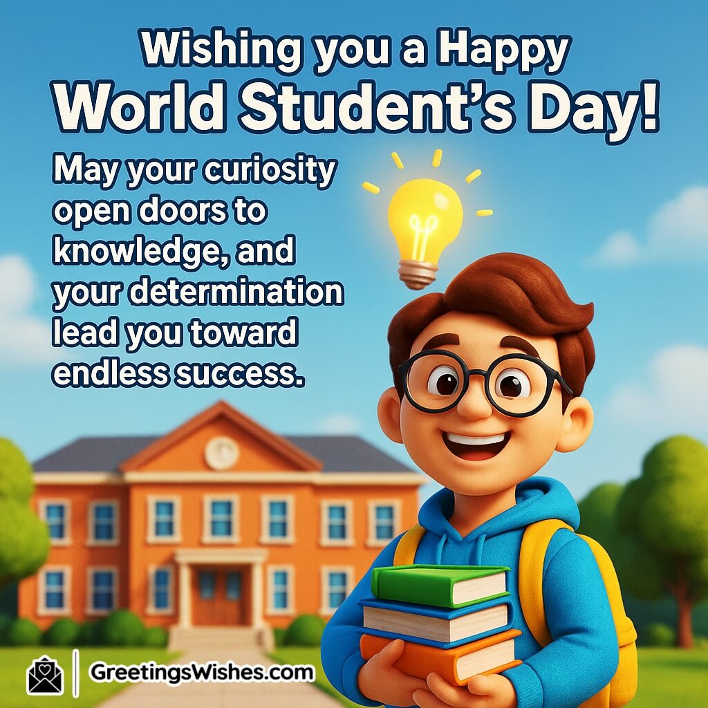 Happy World Student’s Day image featuring a cheerful student holding books under a glowing light bulb in front of a school, symbolizing curiosity, knowledge, and success.