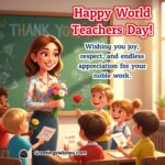 World Teachers Day image featuring smiling teacher near chalkboard with students offering flowers and cards, symbolizing joy, respect, and heartfelt appreciation for educators.
