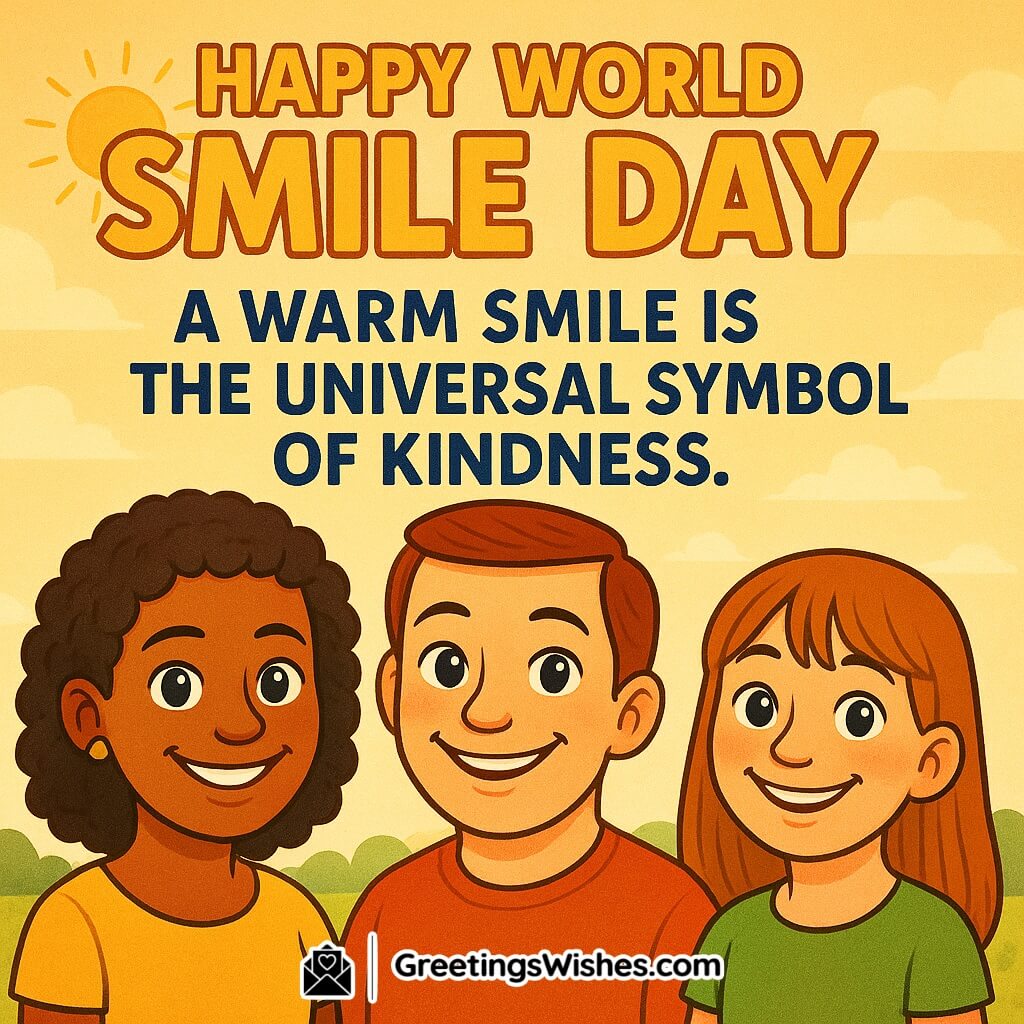 World Smile Day image featuring three diverse characters with open, lively eyes and heartfelt smiles under a sunny sky, symbolizing joy, warmth, and kindness.