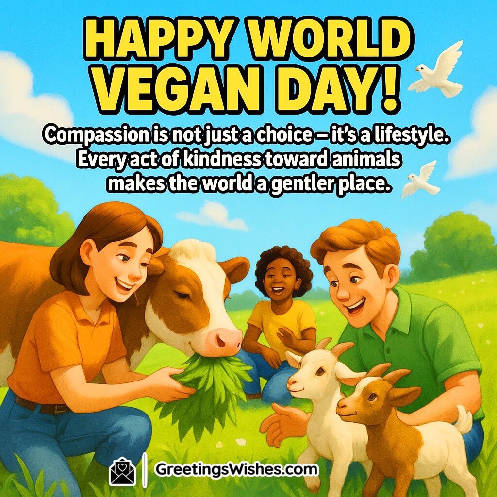 World Vegan Day image featuring people caring for rescued animals in a green meadow under bright sunlight, symbolizing compassion, empathy, and a kind lifestyle.