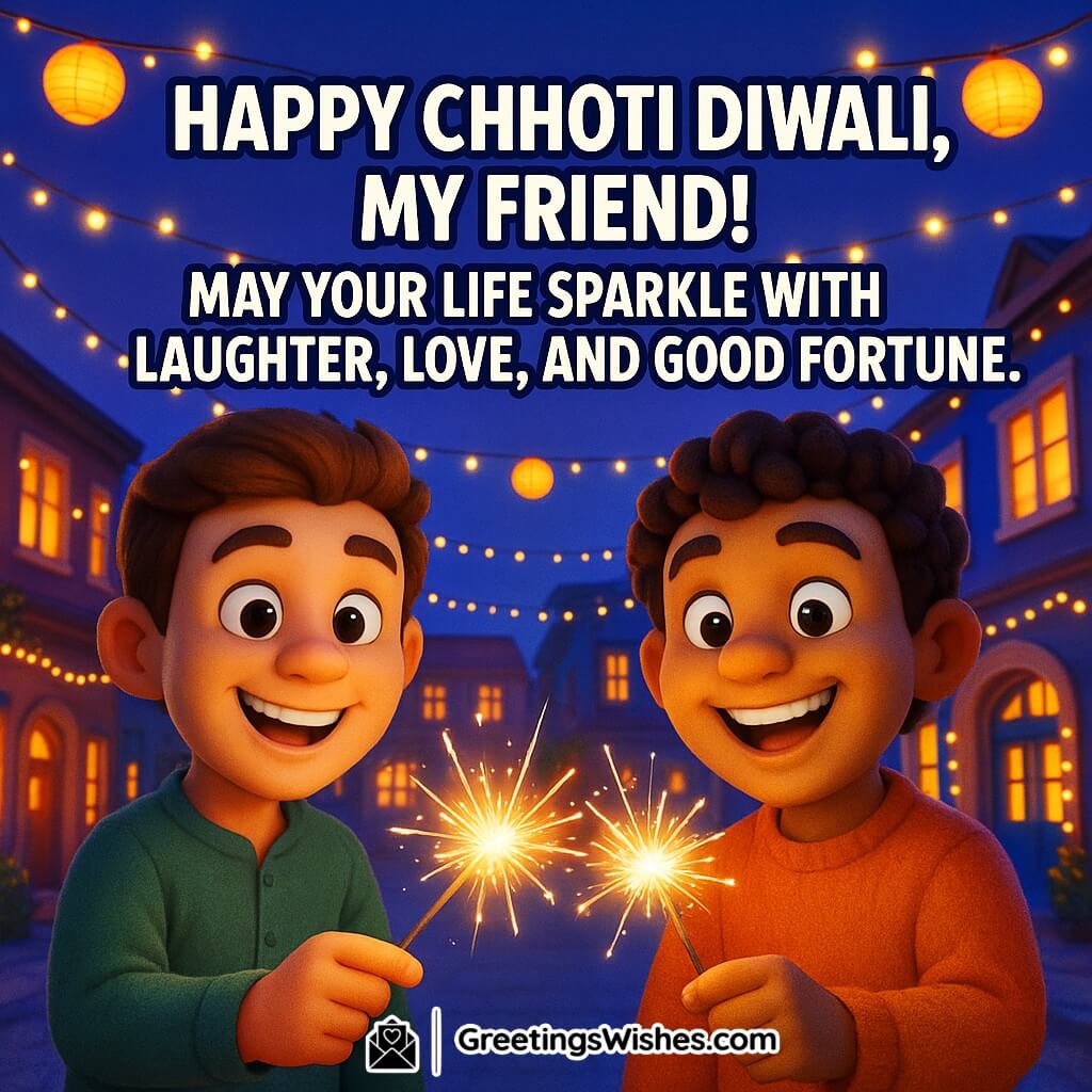 Happy Chhoti Diwali image featuring two friends in colorful festive outfits lighting sparklers under a violet evening sky filled with lanterns and fairy lights, symbolizing friendship, joy, and prosperity.