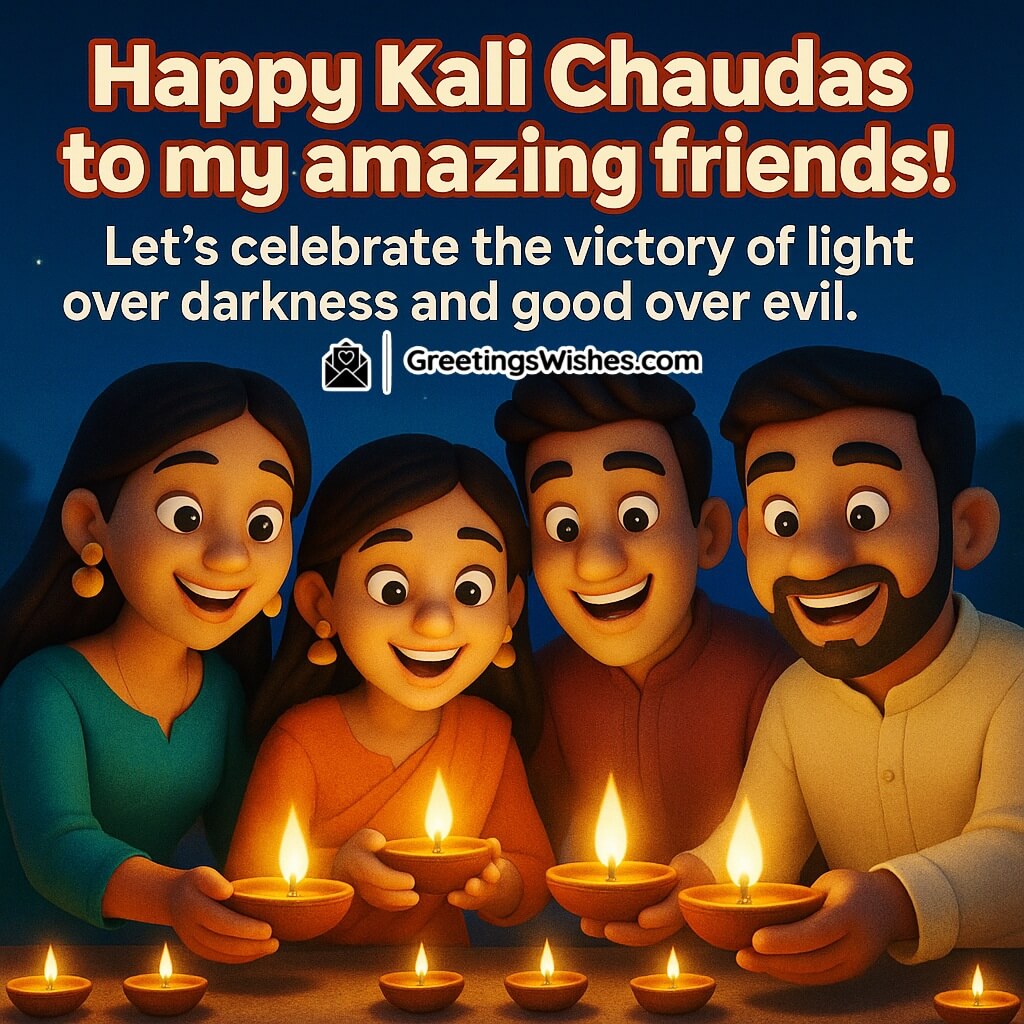 Kali Chaudas image featuring friends lighting diyas together under the night sky, symbolizing friendship, joy, and the triumph of good over evil.