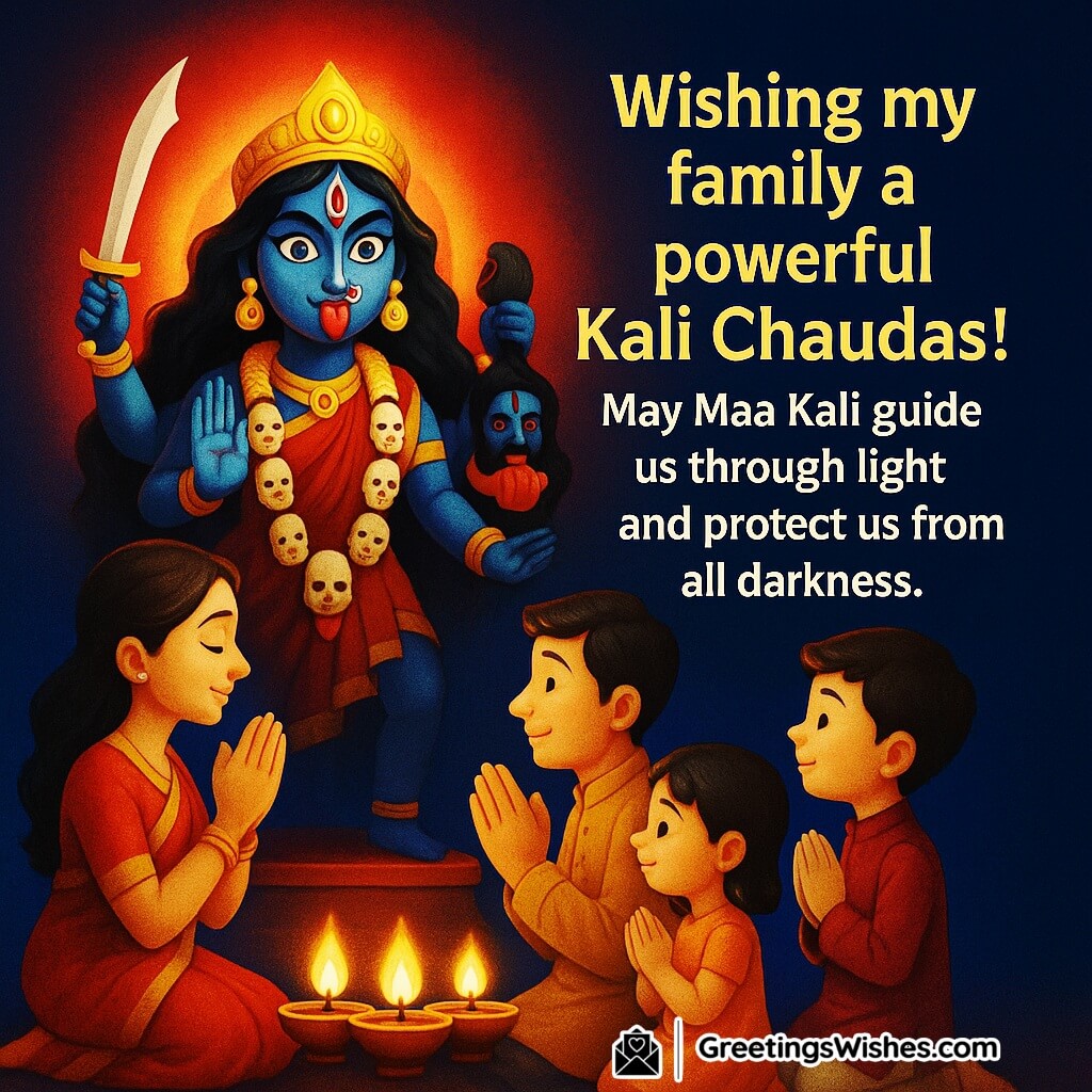 Kali Chaudas image featuring a family praying before Goddess Kali seated on a shining pedestal with diyas around, symbolizing divine guidance and protection from darkness.