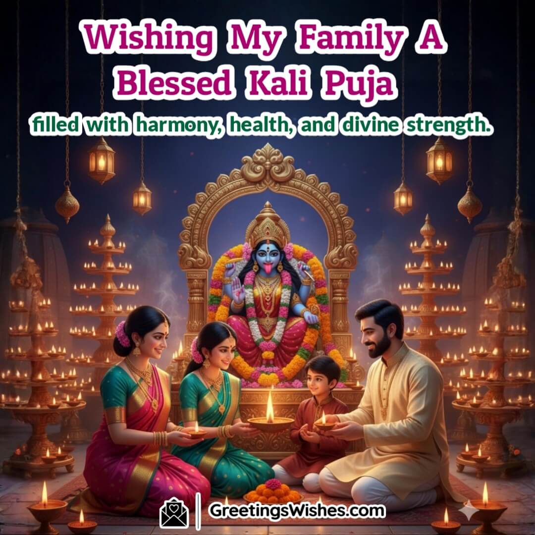 Kali Puja image featuring a devoted family performing prayers before an altar of Goddess Kali decorated with diyas and flowers, symbolizing harmony, health, and divine blessings.