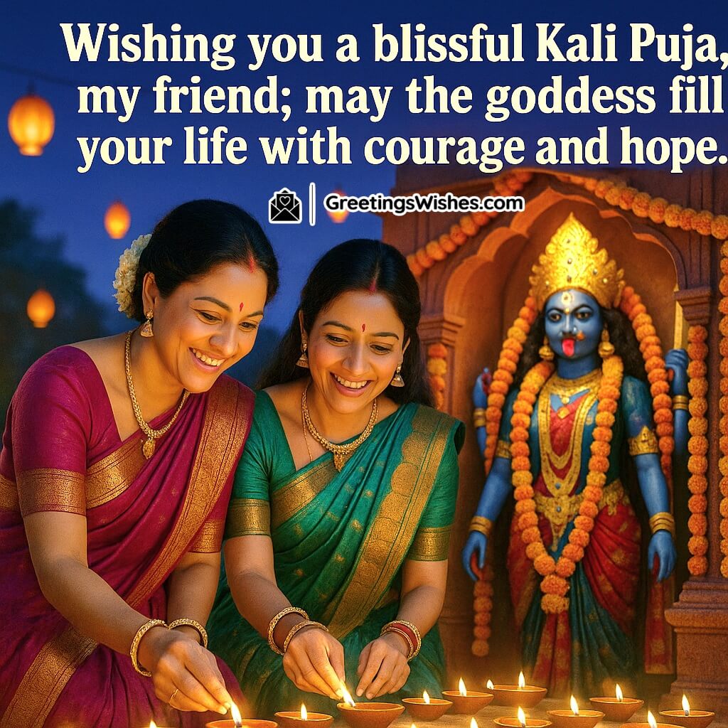 Kali Puja image featuring two friends lighting diyas outside a temple decorated with garlands and lanterns under a violet sky, symbolizing friendship, courage, and hope.