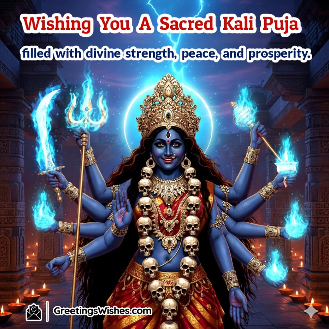 Kali Puja image featuring Goddess Kali standing on a glowing lotus pedestal surrounded by diyas and golden aura, symbolizing divine strength, peace, and prosperity.