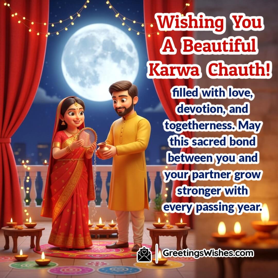 Karwa Chauth image featuring married couple performing puja under moonlight with decorated sieve, symbolizing love, devotion, and togetherness.