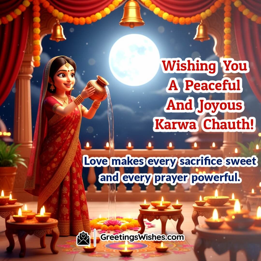 Karwa Chauth image featuring woman offering water to the moon surrounded by diyas, symbolizing love, sacrifice, and devotion.