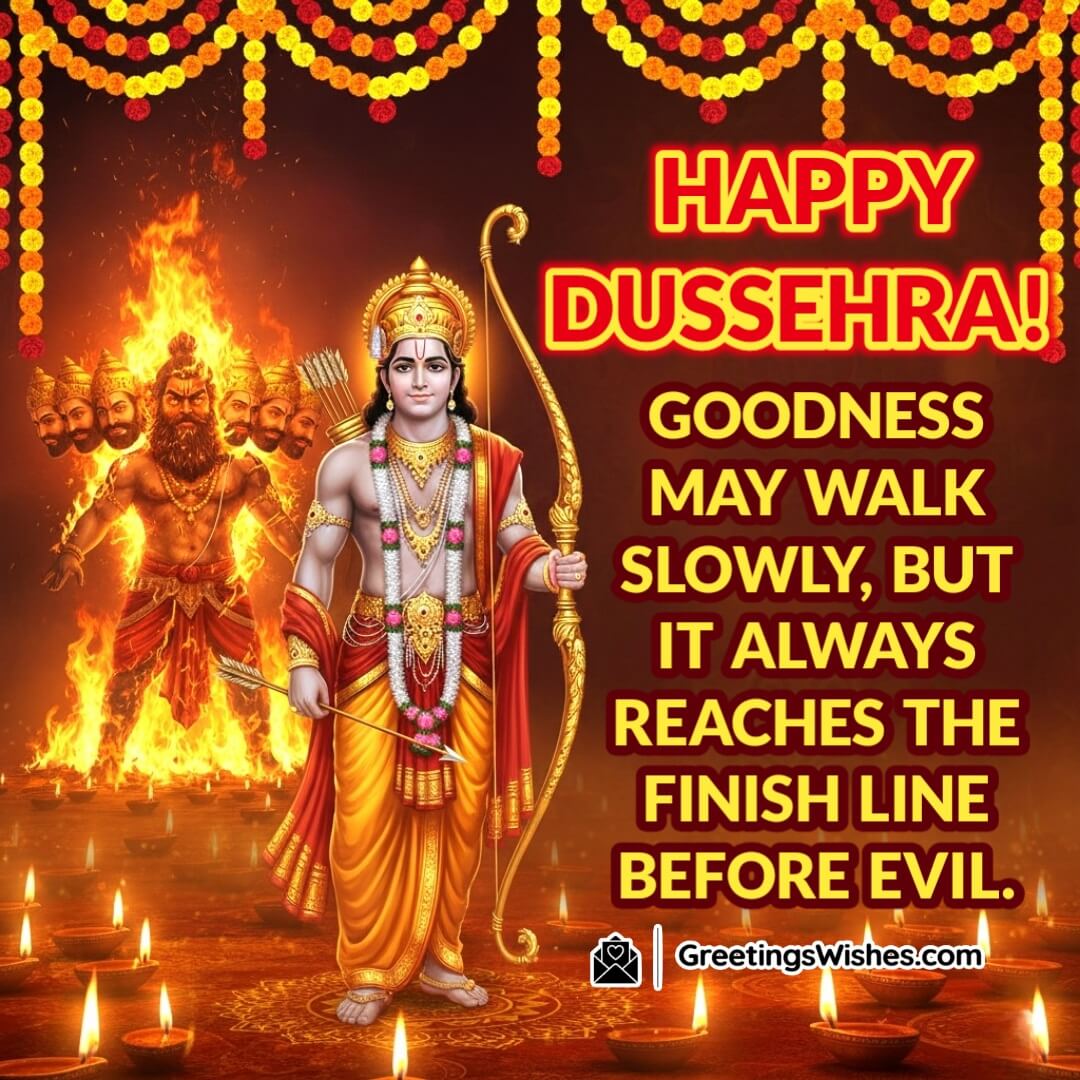 Happy Dussehra image featuring Lord Ram holding bow and arrow with Ravana’s effigy burning in the background, symbolizing that goodness may be slow but always triumphs over evil.