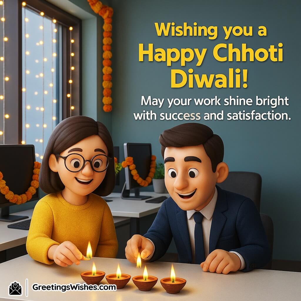 Happy Chhoti Diwali image featuring office colleagues in festive wear lighting diyas in a modern workspace decorated with fairy lights and marigold garlands, symbolizing success, teamwork, and celebration.