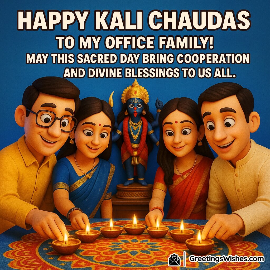 Kali Chaudas image featuring office colleagues lighting diyas near Goddess Kali’s idol, symbolizing unity, peace, and divine prosperity at the workplace.