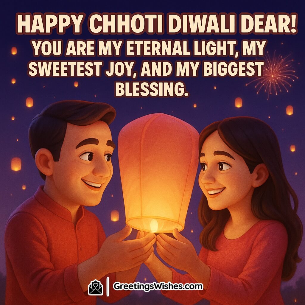 Happy Chhoti Diwali image featuring a romantic couple in elegant festive attire releasing a glowing sky lantern under a purple sky with fireworks, symbolizing love, light, and eternal happiness.