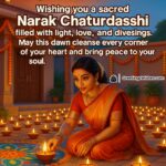Narak Chaturdashi image featuring a woman lighting diyas in a dawn courtyard decorated with rangoli and marigold garlands, symbolizing divine light, purity, and peace.