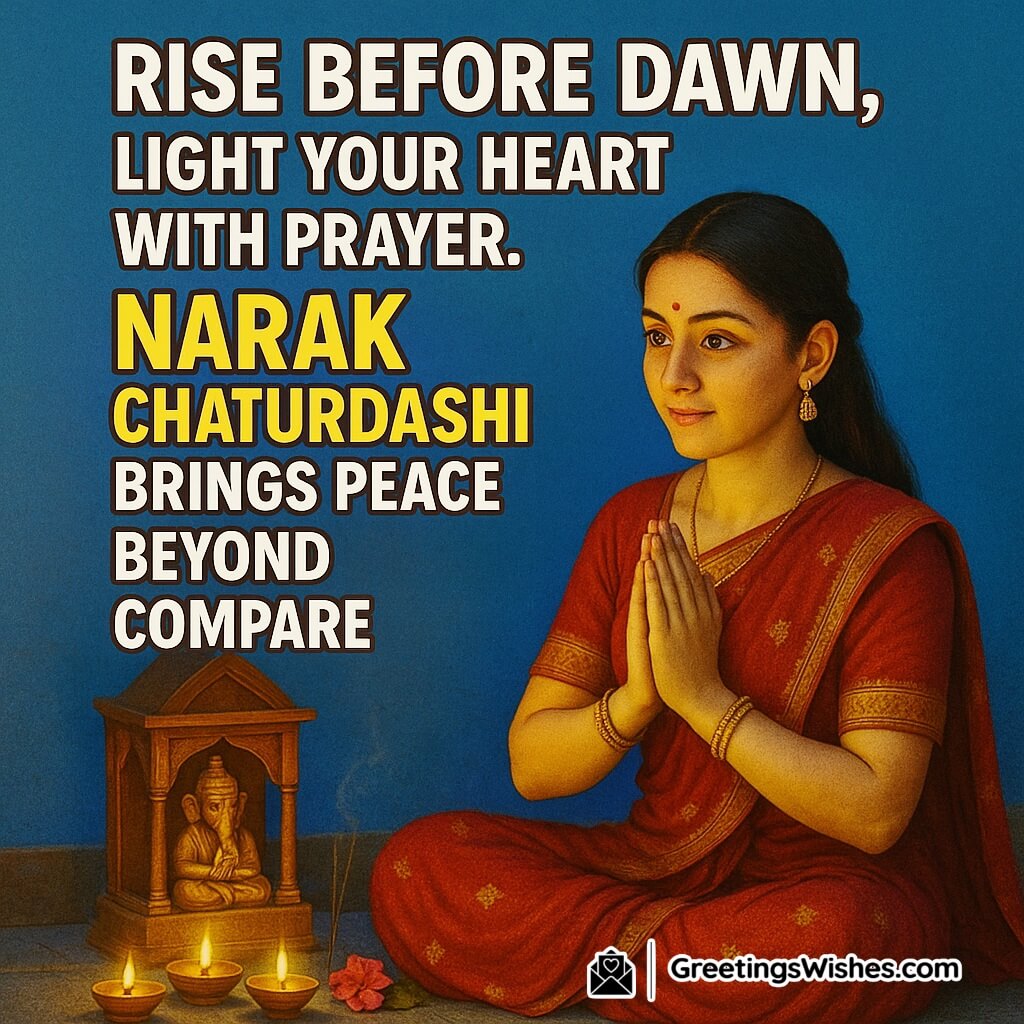 Narak Chaturdashi image featuring a devotee praying before diyas and flowers in a peaceful dawn courtyard, symbolizing devotion, serenity, and divine peace.