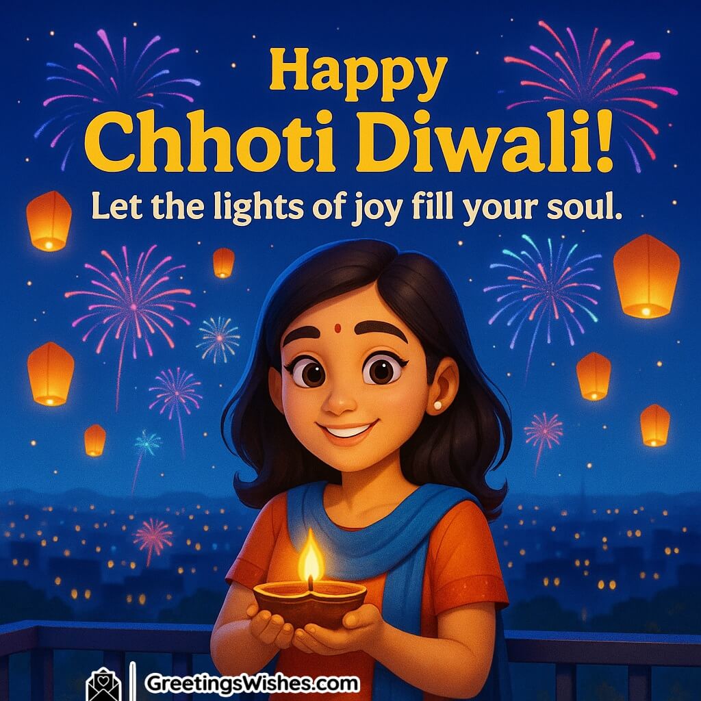 Happy Chhoti Diwali image featuring a woman in vibrant attire standing on a balcony holding a diya while fireworks and lanterns illuminate the night sky, symbolizing joy, positivity, and peace.