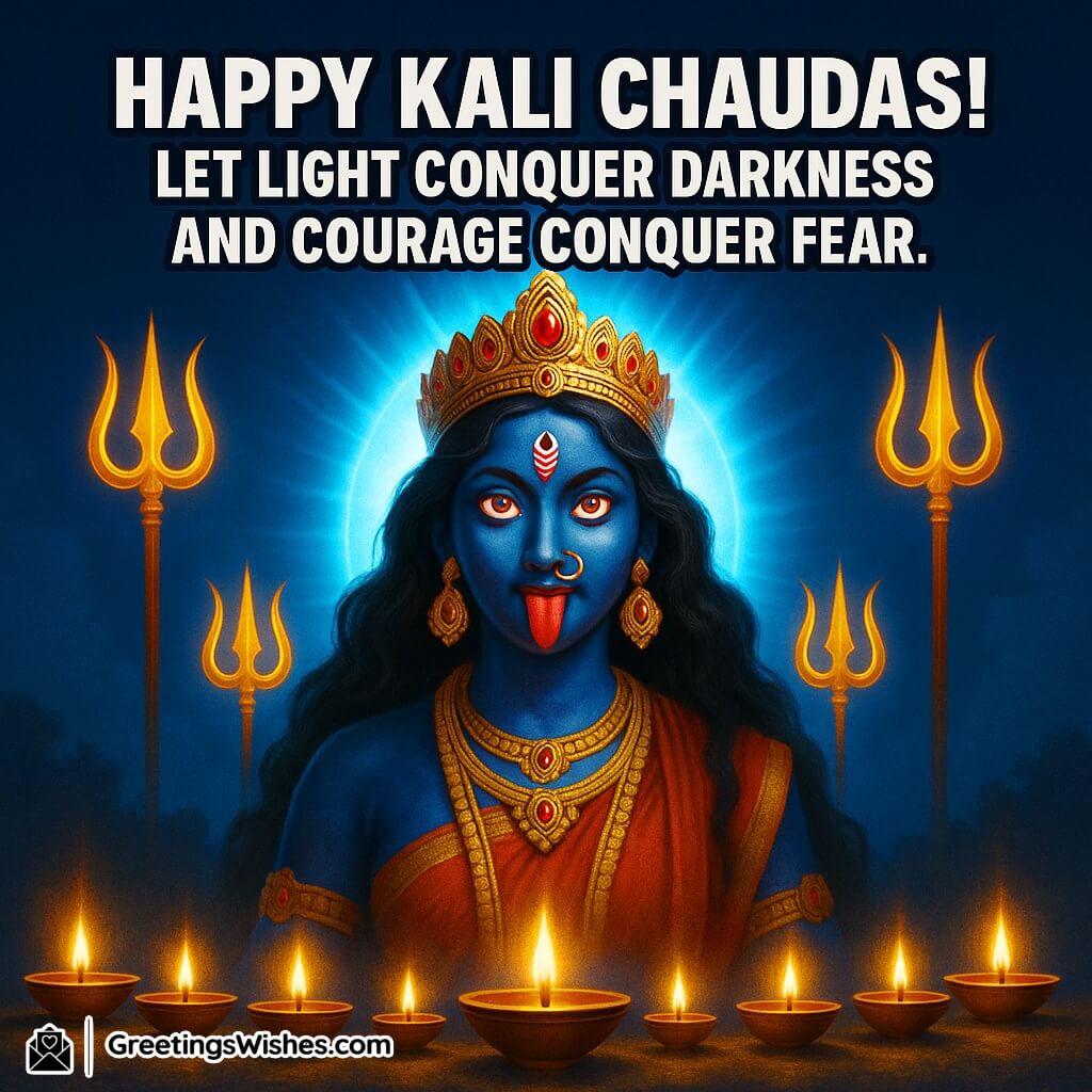 Kali Chaudas image featuring Goddess Kali emerging from divine light surrounded by glowing diyas and tridents, symbolizing courage, protection, and the victory of light over darkness.