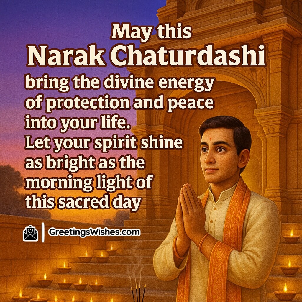 Narak Chaturdashi image featuring a devotee offering prayers at a sunrise-lit temple surrounded by diyas and incense, symbolizing divine protection and spiritual peace.