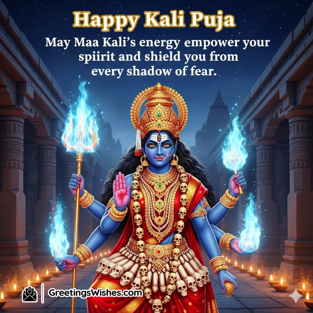 Kali Puja image featuring Goddess Kali holding a trident and sword glowing in blue light flames amid temple diyas and pillars, symbolizing divine energy, courage, and protection.