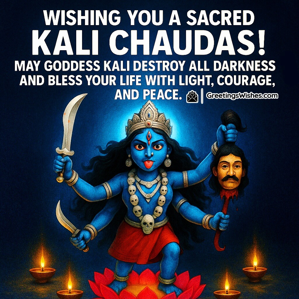 Kali Chaudas image featuring Goddess Kali standing on a glowing lotus surrounded by diyas and divine aura, symbolizing courage, protection, and the victory of light.