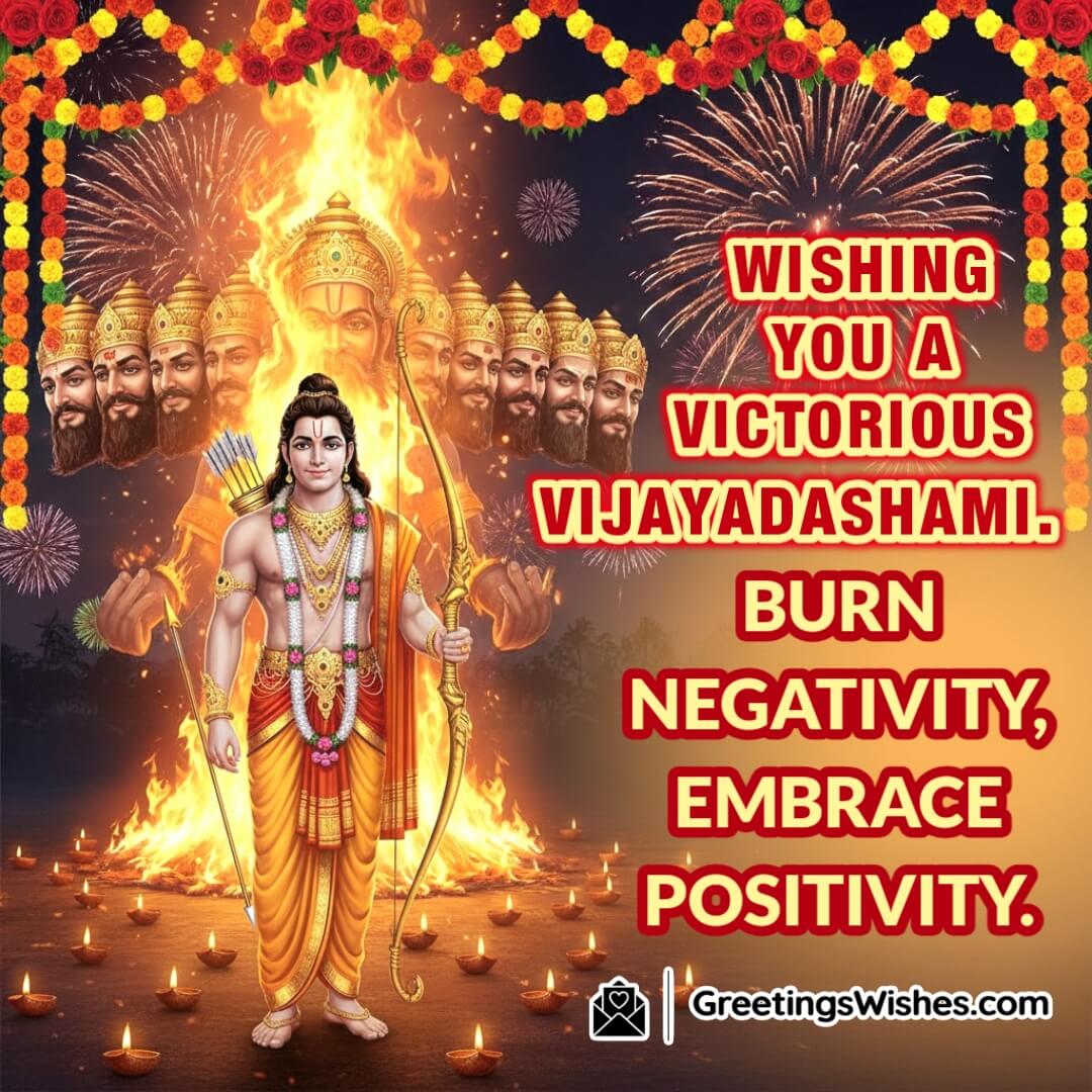 Vijayadashami image featuring Lord Ram with bow and arrow and Ravana’s effigy burning in the background, symbolizing the victory of positivity over negativity.
