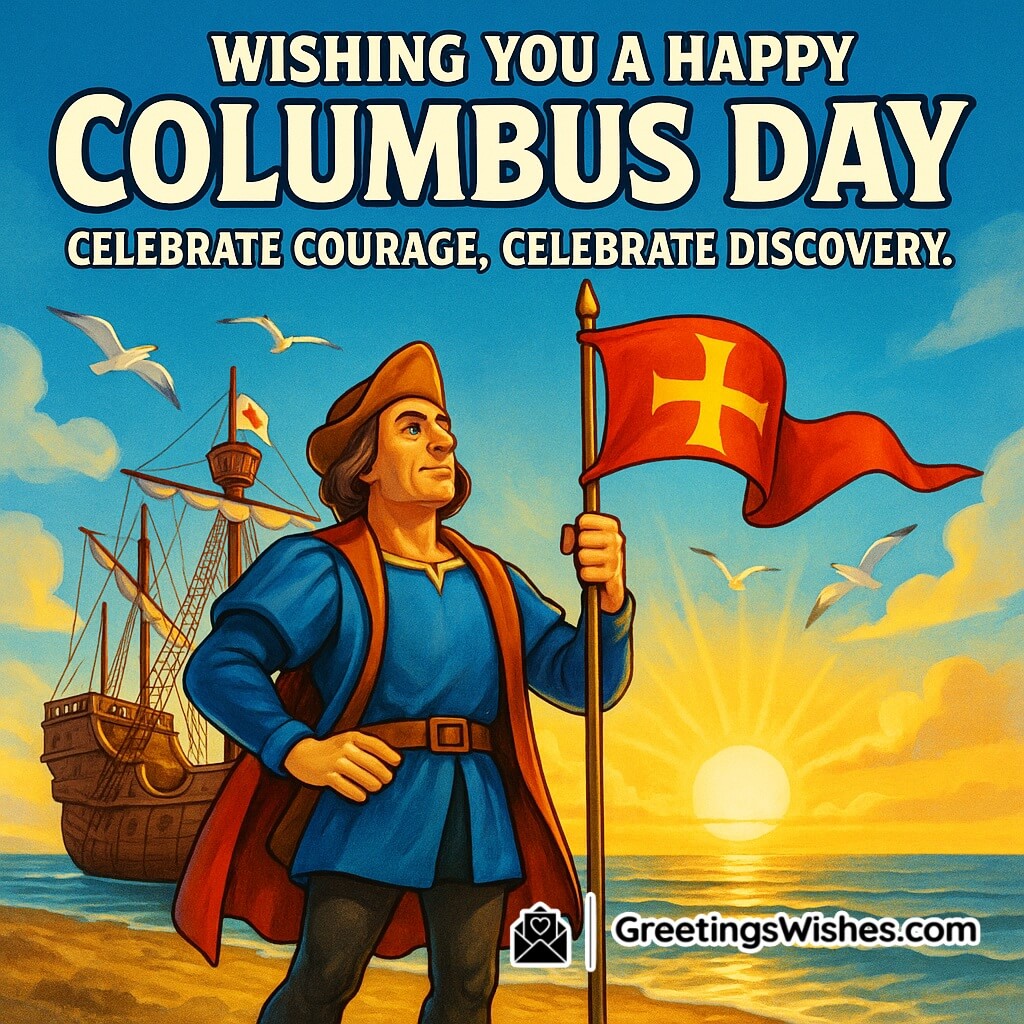 Happy Columbus Day image featuring an explorer standing beside a wooden ship at sunrise holding a flag with seagulls flying above, symbolizing courage and discovery.