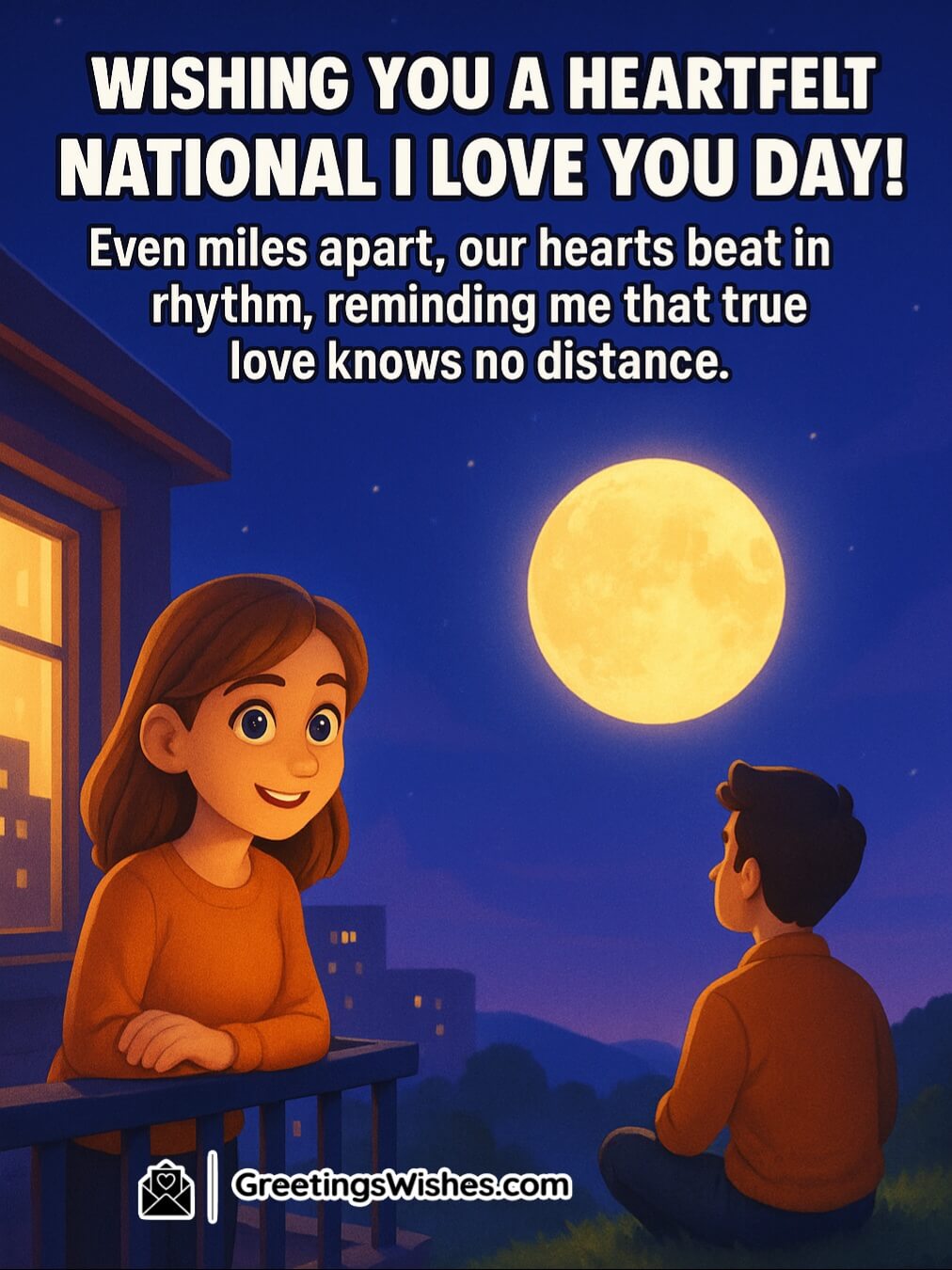 Happy National I Love You Day image featuring a long-distance couple gazing at the same glowing moon from different places under a blue-purple night sky, symbolizing love that stays connected beyond distance.