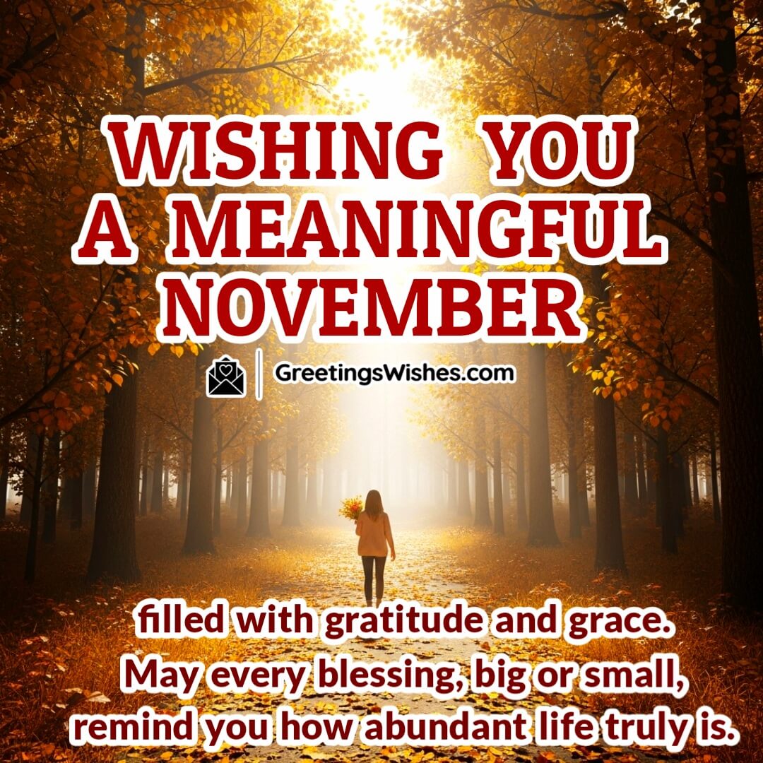 Wishing You a Meaningful November Filled With Gratitude Image featuring a golden forest path covered in autumn leaves with sunlight streaming through trees, symbolizing thankfulness, grace, and abundance.