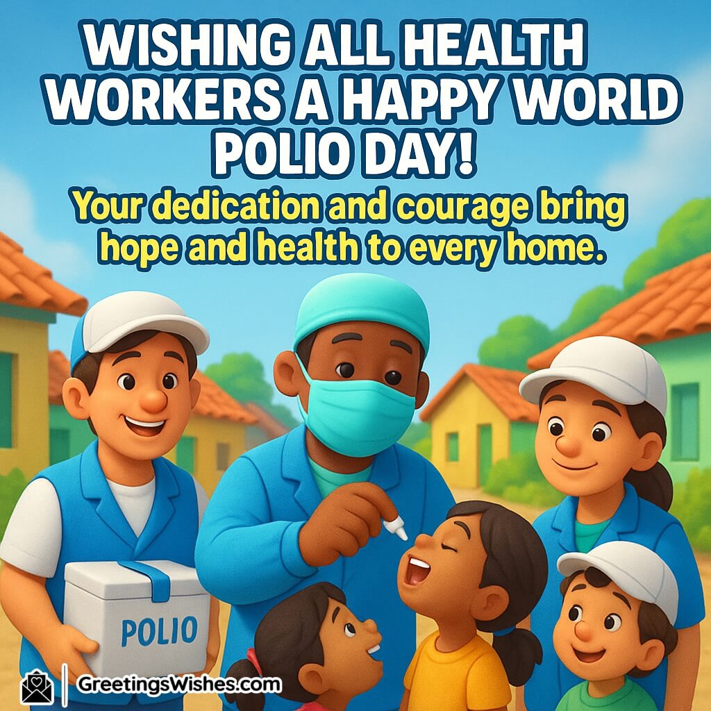 World Polio Day image featuring health workers in uniforms distributing polio drops to children in a village, symbolizing dedication, compassion, and community service.