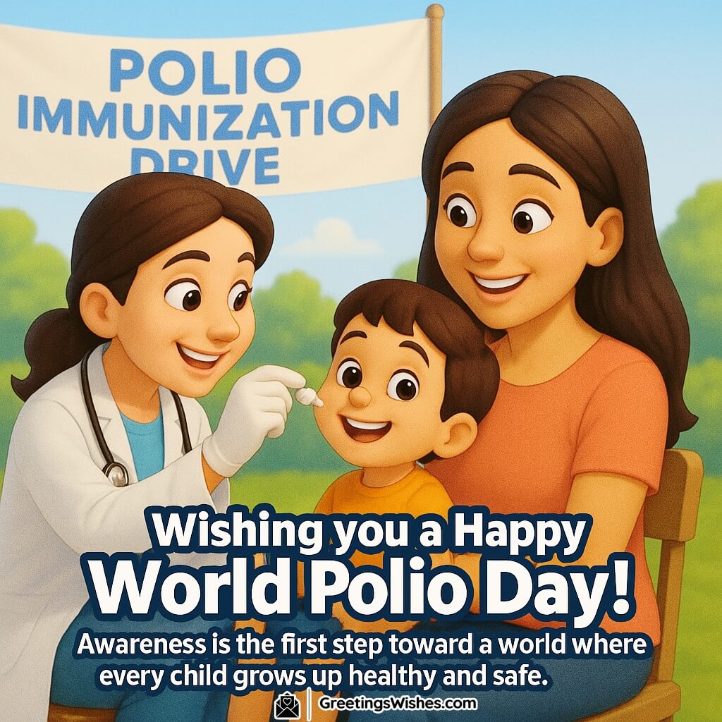 World Polio Day image featuring a doctor giving polio drops to a child while parents watch with gratitude, symbolizing health, safety, and awareness.