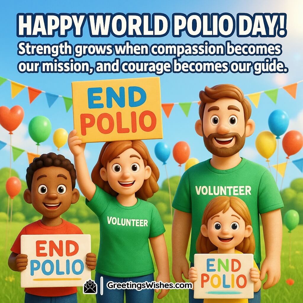 World Polio Day image featuring volunteers joining hands with children in a field of colorful flags, symbolizing unity, compassion, and courage against polio.