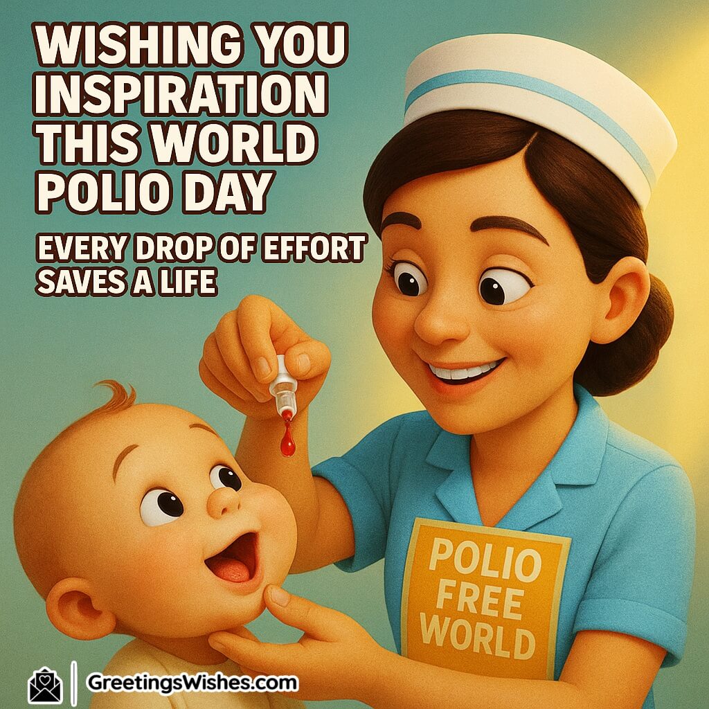 World Polio Day image featuring a nurse carefully placing a drop of polio vaccine while a smiling child looks on, symbolizing effort, care, and hope for a polio-free world.