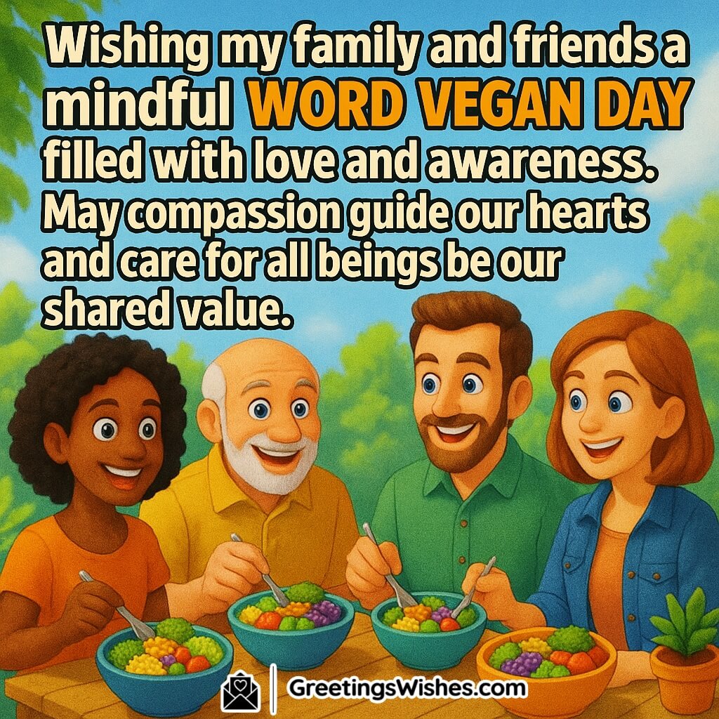 World Vegan Day image featuring a joyful family and friends sharing a vegan lunch surrounded by plants and sunlight, symbolizing love, compassion, and conscious living.