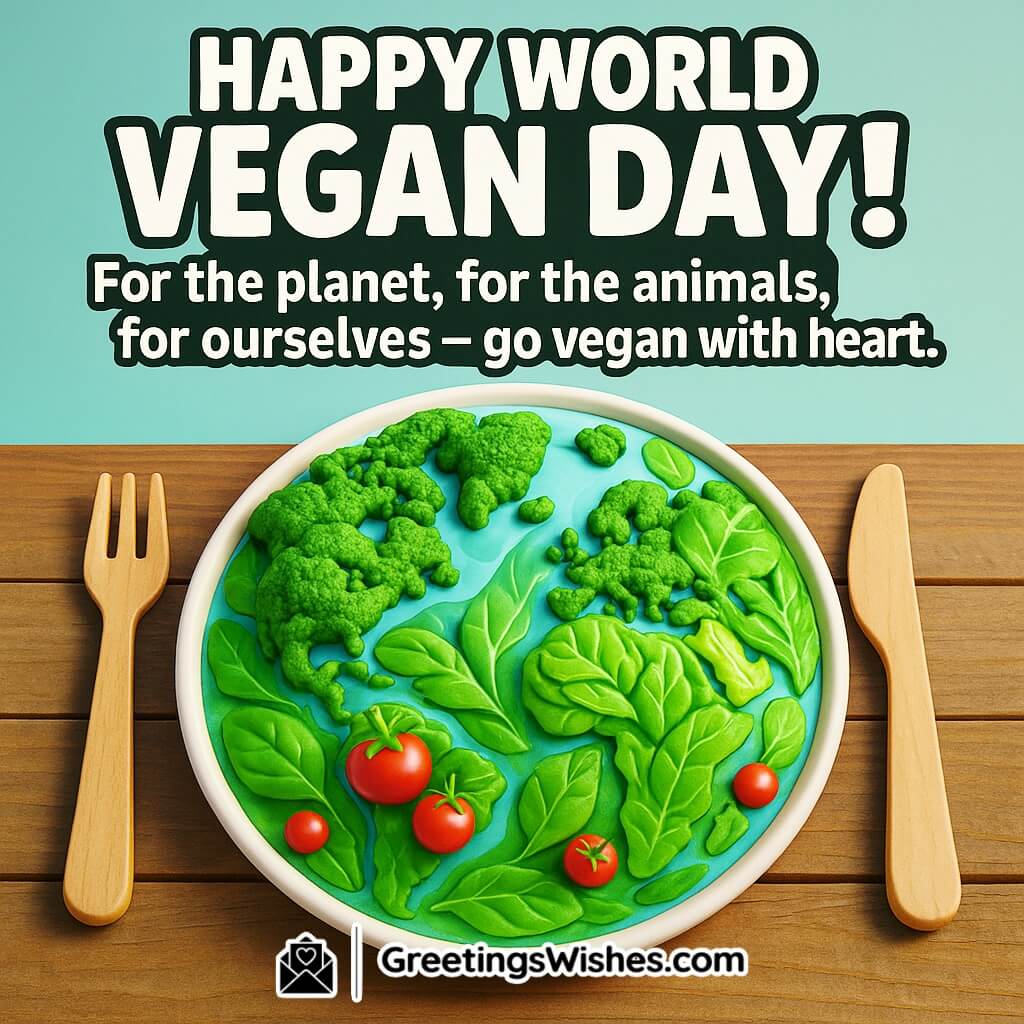 World Vegan Day image featuring Earth-shaped vegetables arranged on a plate with a green leafy border, symbolizing care for the planet, animals, and personal wellbeing.