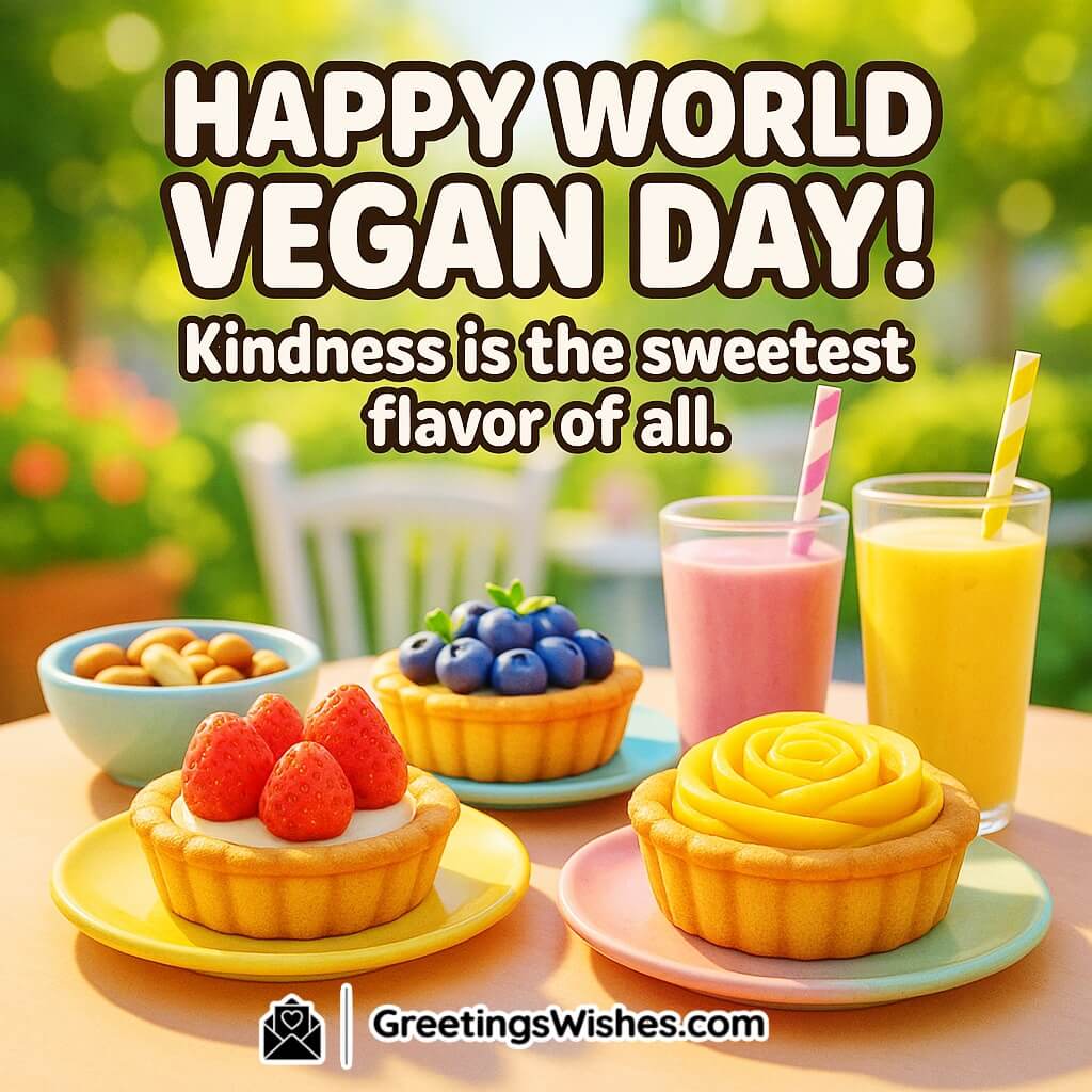 World Vegan Day image featuring a bright vegan dessert table with fruits, nuts, and smoothies surrounded by flowers, symbolizing sweetness, kindness, and love for life.
