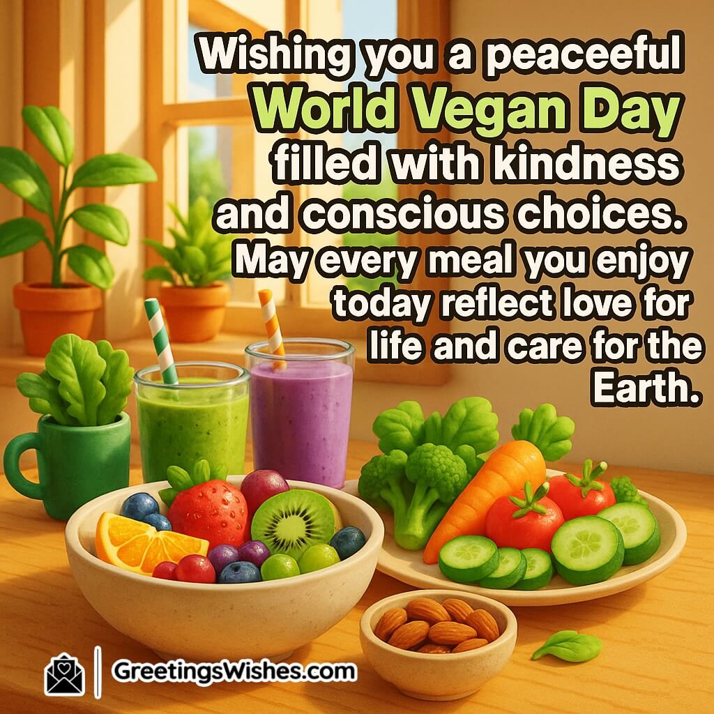 World Vegan Day image featuring a colorful vegan meal with fresh fruits, vegetables, and leafy greens on a wooden table under soft daylight, symbolizing kindness, mindfulness, and care for the Earth.