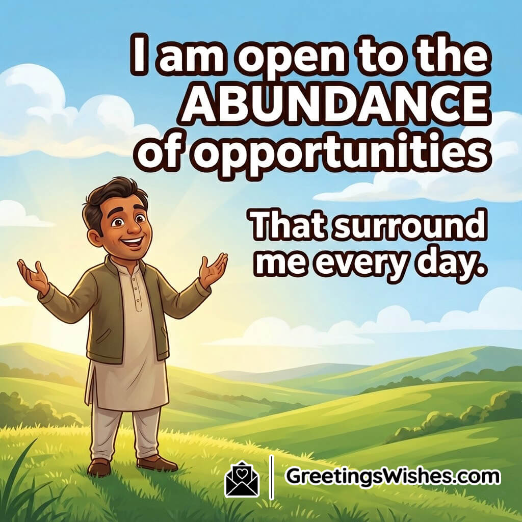Abundance affirmation image with natural hills and hopeful character symbolizing openness to new opportunities.