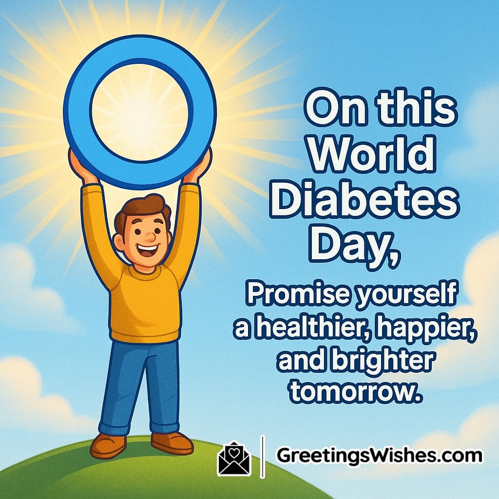 World Diabetes Day image featuring a person holding a glowing blue awareness circle against a sunrise sky, symbolizing hope, positivity, and a healthy future.