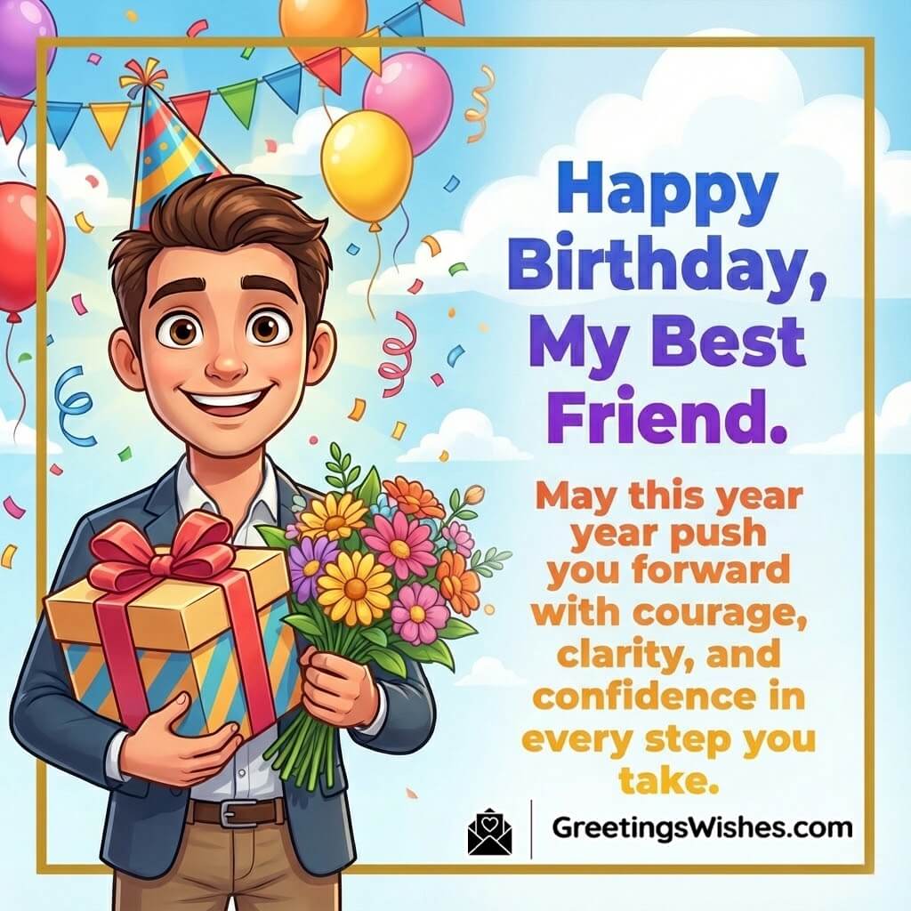 Birthday image featuring a confident smiling friend holding a gift or bouquet with bright festive colours, symbolizing courage, clarity, and positive growth.