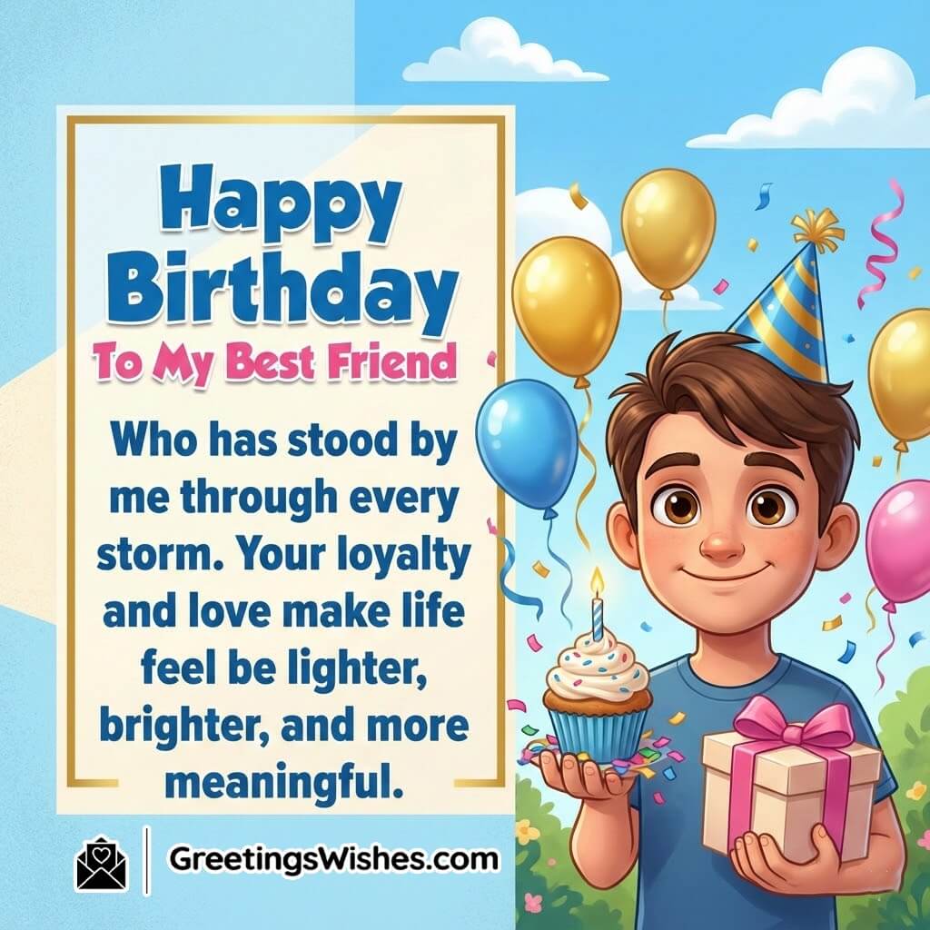 Birthday image featuring a friend holding a cupcake or gift with colourful decorations around, symbolizing loyalty, support, and a meaningful friendship bond.
