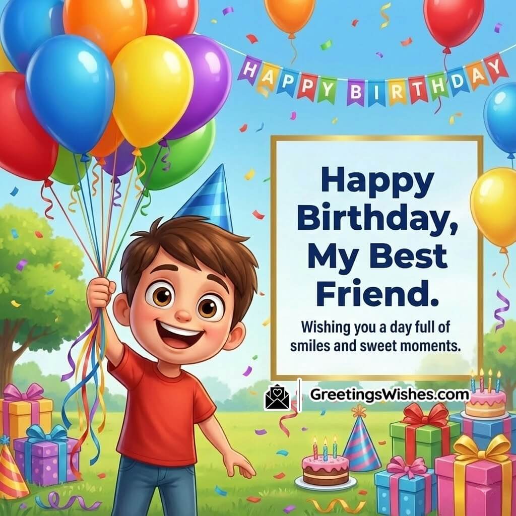 Birthday image featuring a cheerful friend holding colourful balloons in a bright setting, symbolizing joy, smiles, and sweet celebratory moments.