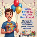 Birthday image featuring a smiling friend holding a gift box with bright festive décor in the background, symbolizing warmth, peace, and heartfelt birthday happiness.