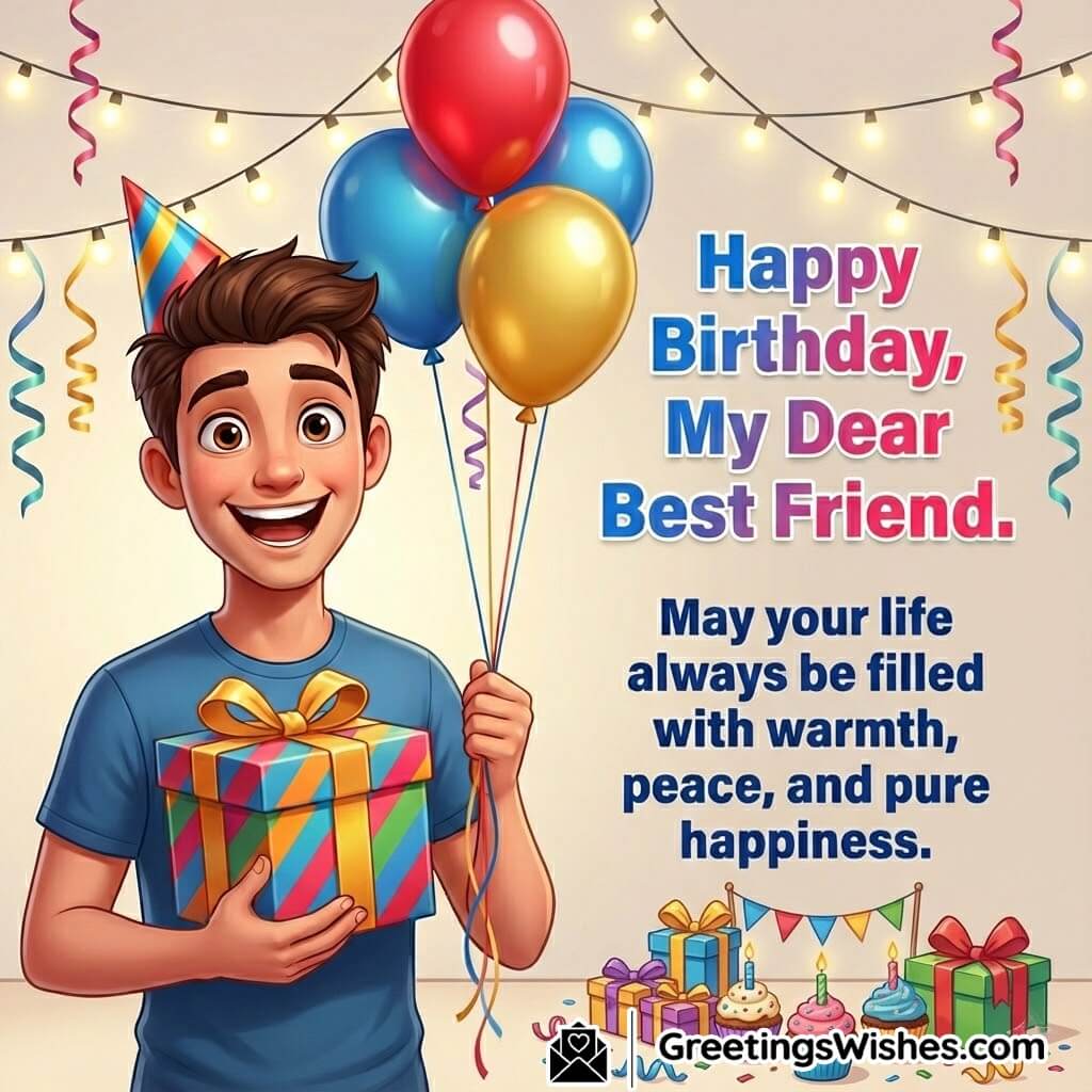 Birthday image featuring a smiling friend holding a gift box with bright festive décor in the background, symbolizing warmth, peace, and heartfelt birthday happiness.
