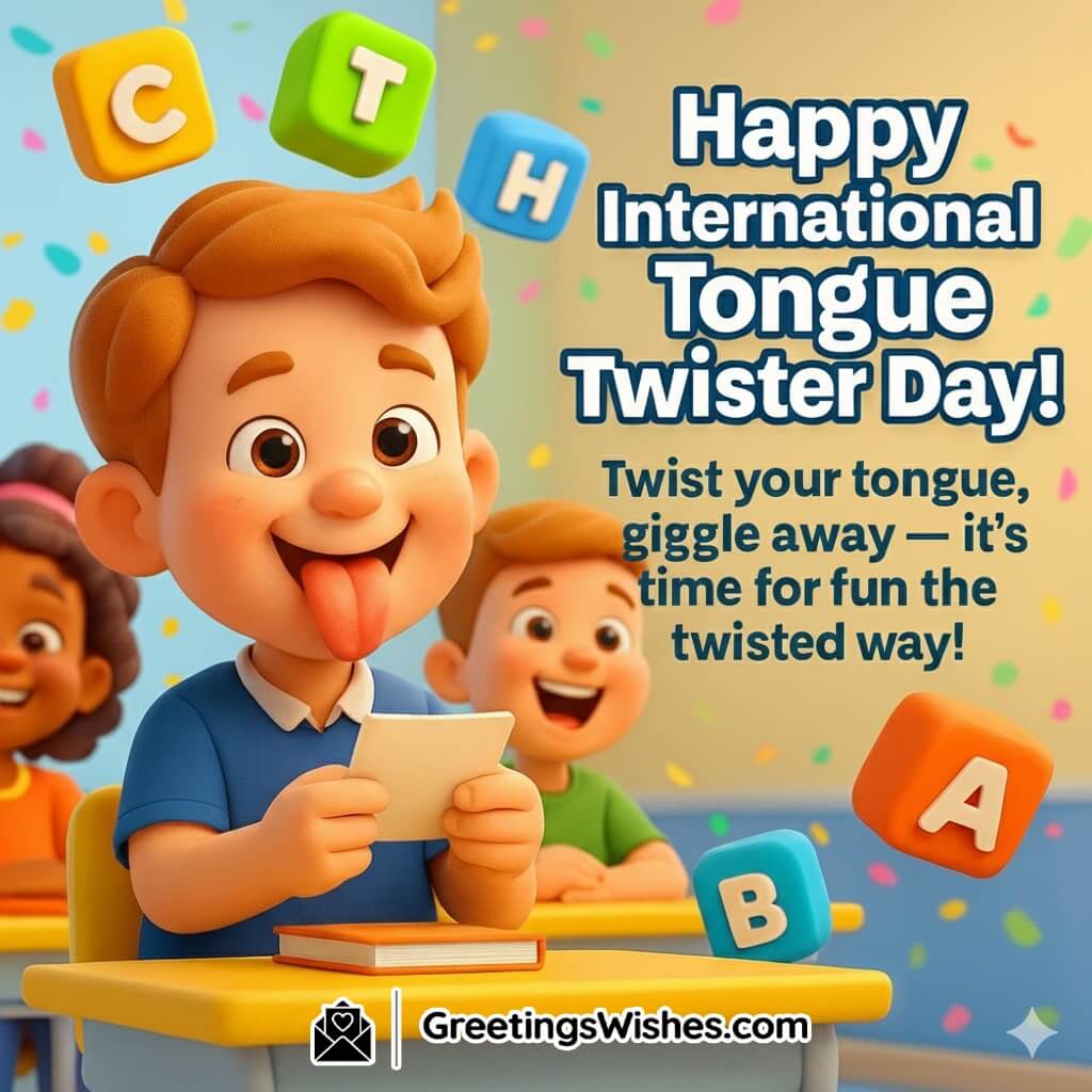 International Tongue Twister Day image featuring animated letters swirling around laughing children in a classroom, symbolizing giggles, energy, and playful learning.