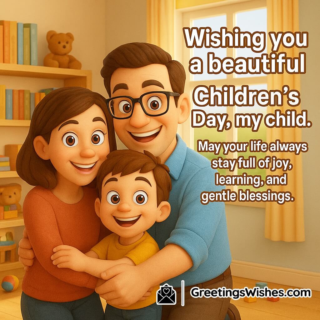 Children’s Day image featuring a parent lovingly hugging their child in a sunlit room filled with toys and books, symbolizing warmth, care, and lifelong learning.