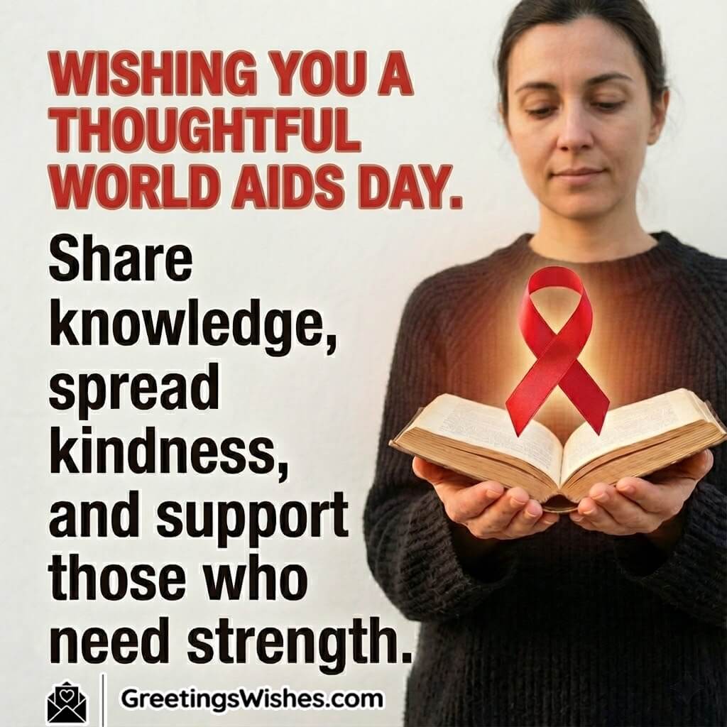 World AIDS Day Knowledge Kindness Support Status Image featuring hands offering a glowing red ribbon on an open book symbolizing knowledge, kindness, and strength.