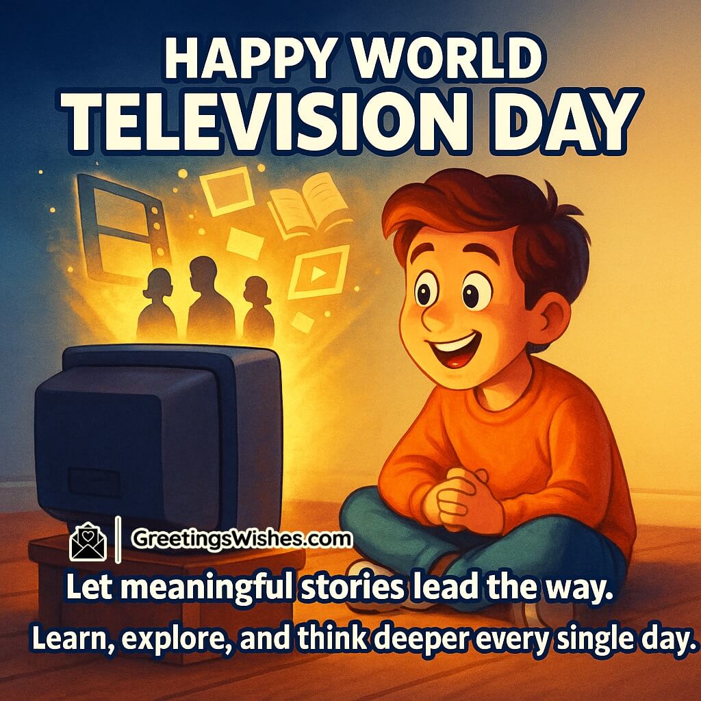 World Television Day image featuring a person watching a TV with storytelling symbols like books, silhouettes, and cinematic frames floating out, symbolizing learning, exploration, and deeper thinking.